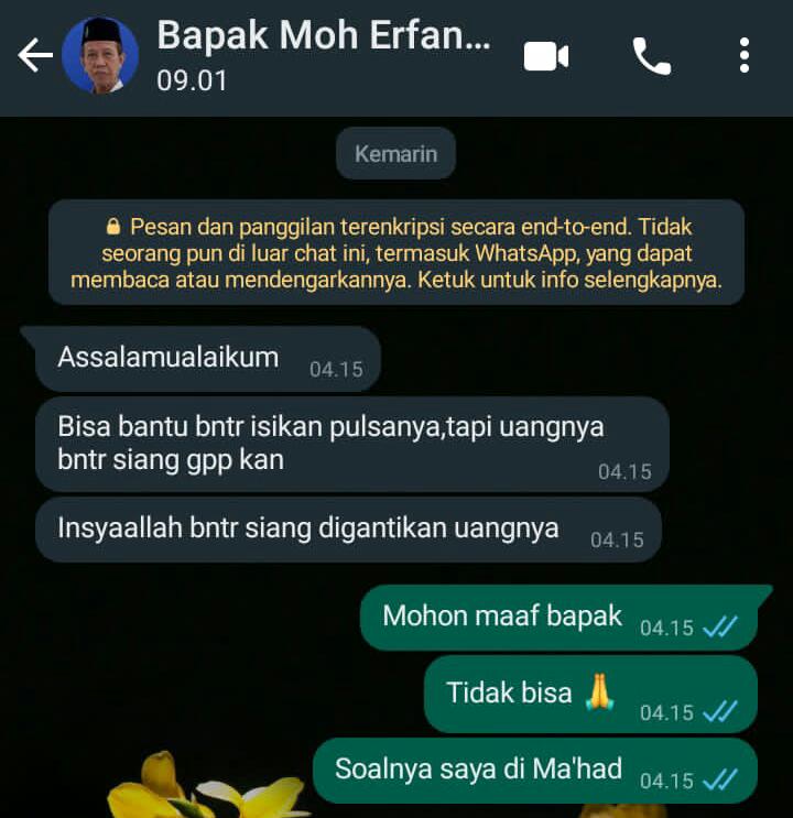 Tangkapan layar pesan Whatsapp dari akun dosen FITK. (Dok. Khusus)
