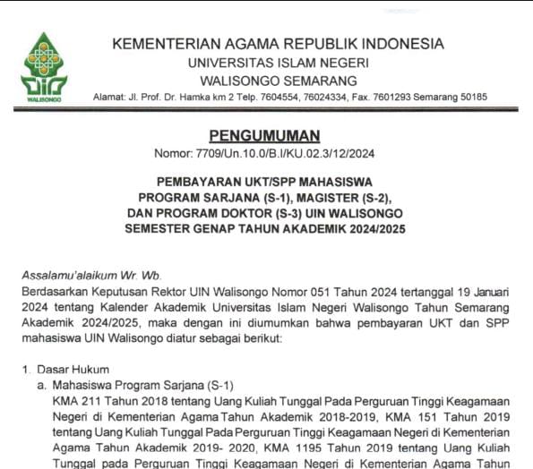 Potongan UKT 50%, UKT UIN Walisongo, Keringan UKT 50%, UKT Semester Genap, UIN Walisongo