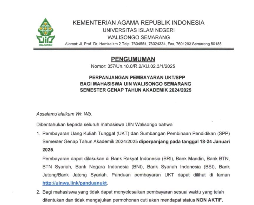 UIN Walisongo, Perpanjangan UKT UIN Walisongo, Pembayaran UKT UIN Walisongo, UKT UIN Walisongo, UKT Semester Genap