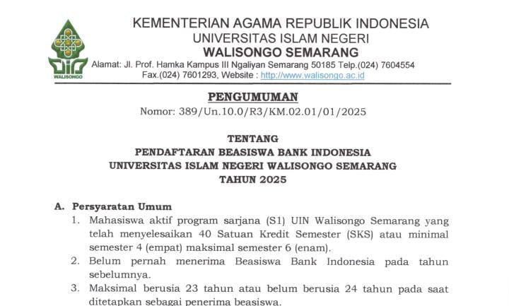 Beasiswa Bank Indonesia, Beasiswa BI, Beasiswa BI UIN Walisongo, Beasiswa BI 2025, UIN Walisongo, Beasiswa UIN Walisongo
