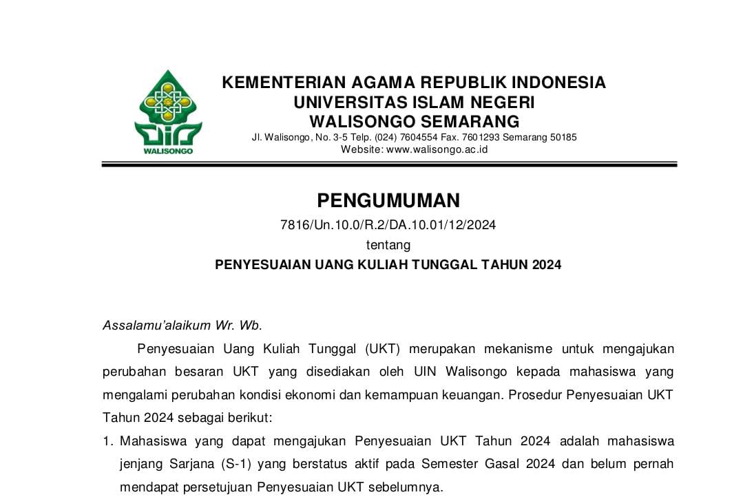 Banding UKT, Banding UKT UIN Walisongo, Penyesuaian UKT, UKT UIN Walisongo, UIN Walisongo