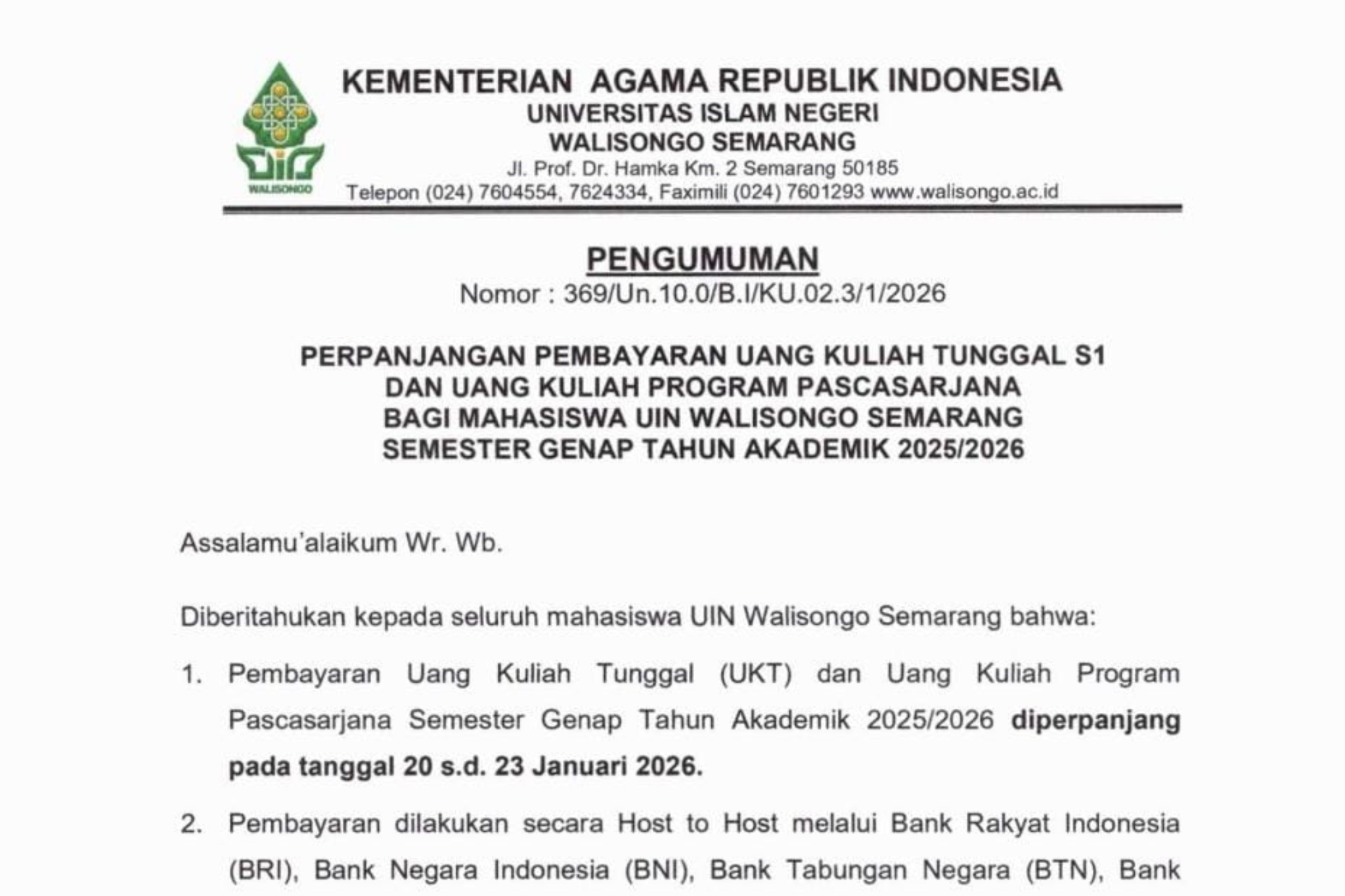 ukt, pembayaran ukt, ukt semester genap, uin walisongo, ukt uin walisongo